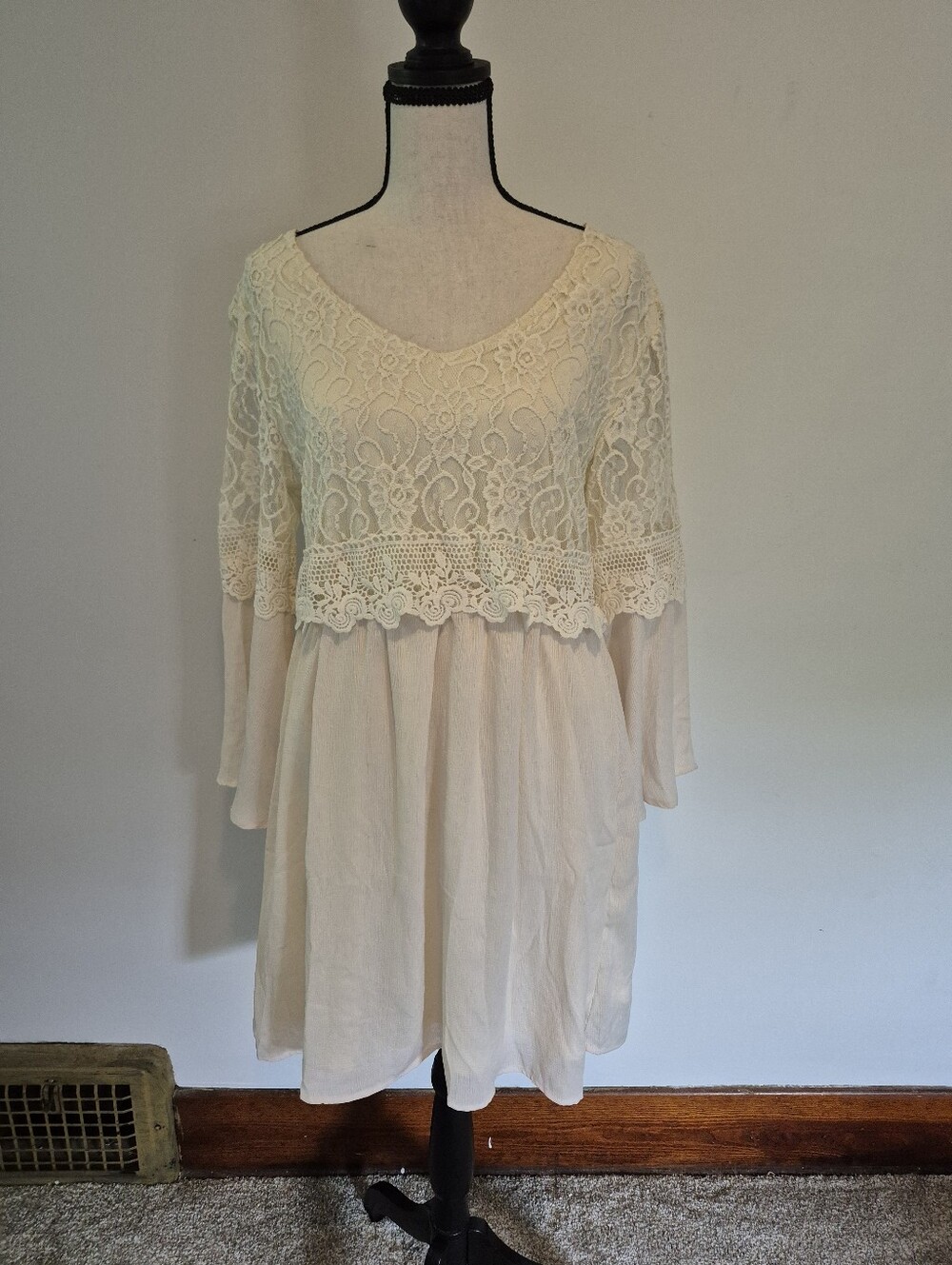 Boho Lace Crochet Yoke Babydoll Mini Dress in Cream